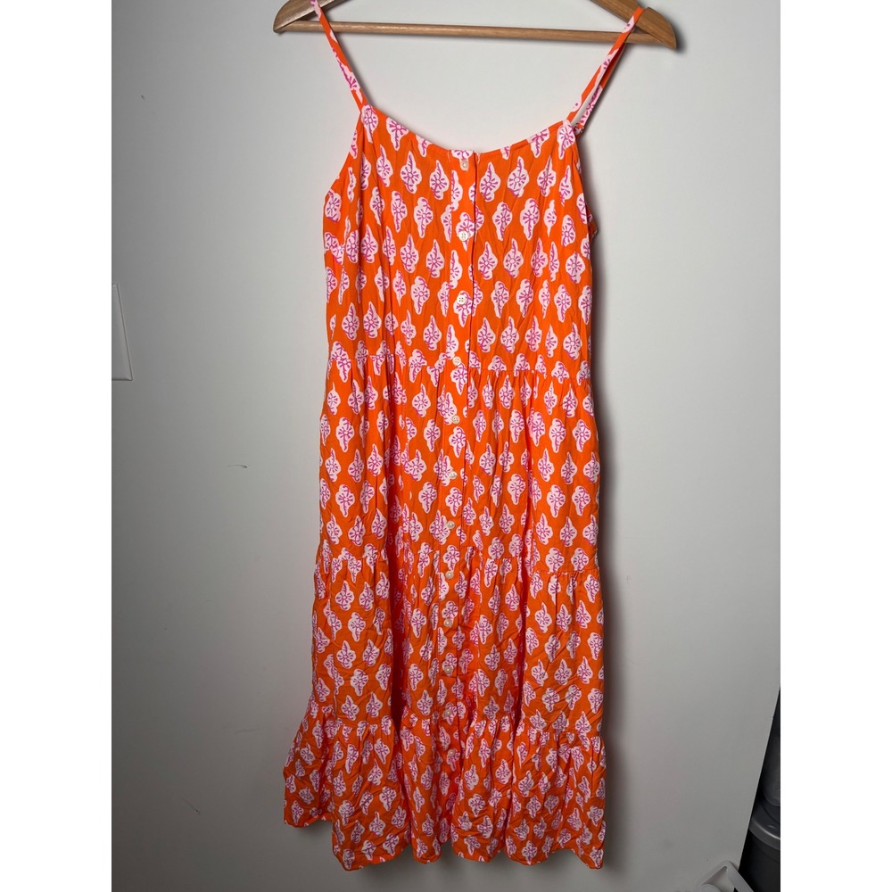 J.Crew Orange Pink Block Print Tiered Midi Dress  Women's Sz 0 spaghetti strap